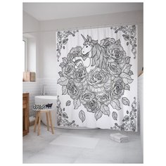 Штора (занавеска) для ванной JoyArty "Единорог в цветах" из ткани, 180х200 см с крючками