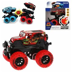 Машина инерционная Пламенный мотор Монстр трак, Краш-тест, металл, 4*4, открываются двери, свет, звук, подпрыгивает на стойках, отлетает кабина, красный (870515)