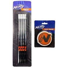 0630070047101-17 Набор NERF: 4 шт. простых карандаша, твердость №2 (HB, TM), и 1 шт. ластик оригинальный, цвет: белый, размеры 6,5х8,0см.