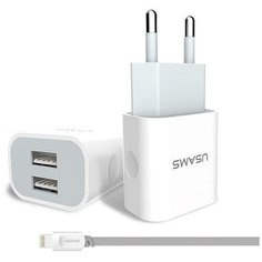 Сетевое зарядное устройство Usams IPCUJT01 2xUSB Lightning 1.0 метр, белое