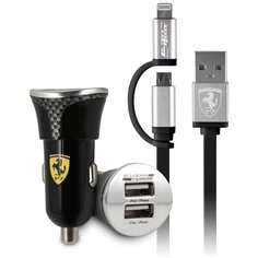 Авто ЗУ Carbon 2xUSB 2.1A + кабель 2in1 MFI MicroUSB/Lightning Black Ferrari