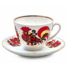 Чашка с блюдцем чайная. Императорский фарфроровый завод. Форма Весенняя. Рисунок Красные петушки. 250 мл.
