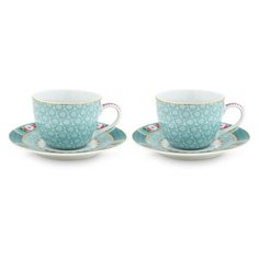 Набор из 2-х чашечек для эспрессо с блюдцем Pip Studio Blushing Birds Blue, 120 мл, 51.004.087
