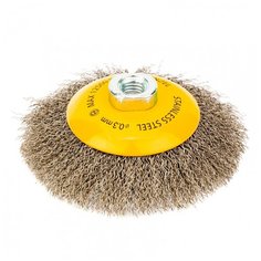 Щетка для УШМ, 125 мм, "Тарелка", витая нержавеющая проволока 0,3 мм, М14// Denzel