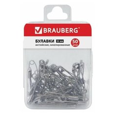 Булавки английские BRAUBERG, 32 мм, никелированные, 50 шт., в пластиковой коробке с европодвесом, 223970