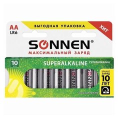 Батарейки КОМПЛЕКТ 10 шт., SONNEN Super Alkaline, АА (LR06,15А), алкалиновые, пальчиковые, в коробке, 454231
