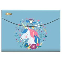 №1 School Папка-конверт на кнопке Единорог А5, пластик голубой