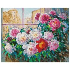 Алмазная мозаика на подрамнике ТМ Белоснежка "Свежесть утренних пионов", 40X50 см.