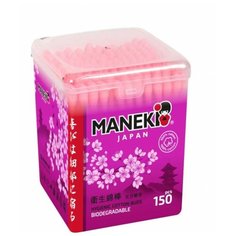 Maneki Палочки ватные гигиен. (серия Sakura) с розовым бум. стиком, в пласт. коробке, 150 ш