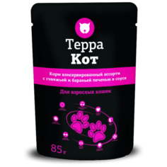Влажный корм для кошек ТерраКот с говяжьей печенью, с бараньей печенью 42 шт. х 85 г (кусочки в соусе)