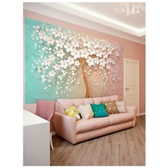 Фотообои Красивое золотое 3D дерево с белыми цветами на цветном фоне/ Красивые уютные обои на стену в интерьер комнаты/ 3Д расширяющие пространство над кроватью или над столом/ На кухню в спальню детскую зал гостиную прихожую/ размер 300х180см/ Флизел