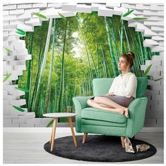 Фотообои 3D белая кирпичная стена с бамбуковой рощей/ Красивые уютные обои на стену в интерьер комнаты/ 3Д расширяющие пространство/ На кухню в спальню детскую зал гостиную прихожую/ размер 300х270см/ Флизелиновые