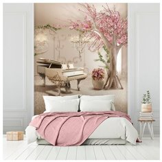 Фотообои Винтажный рояль и 3D дерево с розовыми цветами/ Красивые уютные обои на стену в интерьер комнаты/ 3Д расширяющие пространство/ На кухню в спальню детскую зал гостиную прихожую/ размер 200х270см/ Флизелиновые