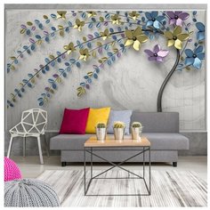 Фотообои 3D дерево с сиреневыми, голубыми и золотыми цветами и листьями/ Красивые уютные обои на стену в интерьер комнаты/ 3Д расширяющие пространство над кроватью или над столом/ На кухню в спальню детскую зал гостиную прихожую/ размер 300х180см/ Фли