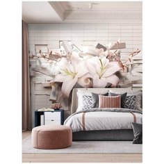 Фотообои 3D цветы лилии на кирпичной стене/ Красивые уютные обои на стену в интерьер комнаты/ 3Д расширяющие пространство/ На кухню в спальню детскую зал гостиную прихожую/ размер 300х270см/ Флизелиновые