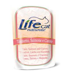 Влажный корм для кошек LifeCat с тунцом, с лососем, с морковью 70 г (кусочки в желе)