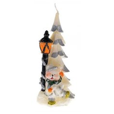 Свеча Snowmen Елка, 14*6 см, 100 г, с мишкой и фонарем, белая