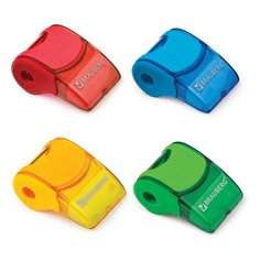 Точилка BRAUBERG "Referee", с контейнером и стирательной резинкой, ассорти, форма свистка, упаковка с подвесом, 223588