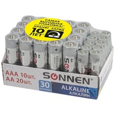 Батарейки комплект 30 (20+10) шт., SONNEN Alkaline, AA+ААА (LR6+LR03), в коробке, 455097 Sonnenschein