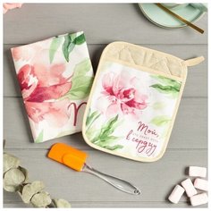 Набор подарочный "Пион" прихватка-карман, полотенце, лопатка 4697886 Этель