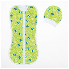 Пеленка-кокон на молнии с шапочкой, кулирка, рост 50-62 см, цвет зеленый, принт микс 2106651 Детская линия