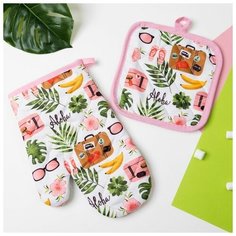 Кух. набор 2 пр. Доляна "Aloha"цв.розовый,прихватка 16*16 см, рукавица 25*16 см,100% п/э 3840612