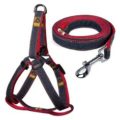 Комплект для животных "Triol" (шлейка и поводок), джинсовый/красный (450-600х20 мм; 1200х20 мм)
