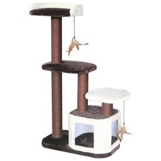 Когтеточка для кошек FOXIE трехуровневая с лежанками, домиком и игрушками 60х35х113см бело-коричневая