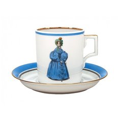 Чашка с блюдцем чайная. Императорский фарфоровый завод. Форма Гербовая. Рисунок Modes de Paris (синий, 1836год). Твердый фарфор. 220 мл