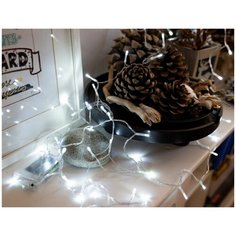 Гирлянда ЗИМНИЕ КАПЕЛЬКИ, 80 холодных белых LED-огней, 8+0.3 м, провод прозрачный, батарейки, Koopman International AXS0