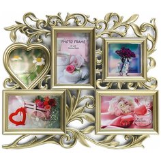 Фоторамка пластик на 5 фото 10х15 см, 10х10 см "Флористика" золотая 40х36 см 2529368 Сима ленд