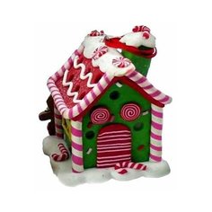 Елочное украшение ДОМИК ПРЯНИЧНАЯ КЛАССИКА красно-зеленый с подсветкой LED-огнями, полирезин, 6х6х9см, Forest Market MA6