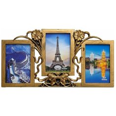 Фоторамка пластик на 3 фото 10х15 см "Незабудки и бант" тёмное золото 21,5х41 см 2789247 Сима ленд