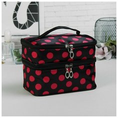 Косметичка 2-х секционная Горох, 20*13*14, 2 отд на молниях, зеркало, черный/роз 2997042 Сима ленд