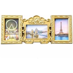 Фоторамка пластик на 3 фото 10х15 см "Рамка с розами" золото 19,5х47 см 3930154 Сима ленд