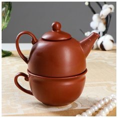 Чайник с чашкой, корричневый, 1 персона, чайник 0,3л , чашка 0,15л (1 сорт) 4717423 Керамика ручной работы