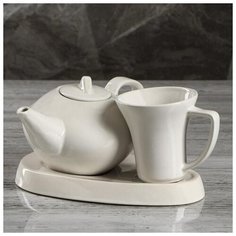 Набор для завтрака "Леон", цвет белый, 3 предмета: чайник 0.5 л, чашка 0.25 л, поднос 23 см 5306398 Керамика ручной работы