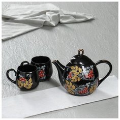 Чайный сервиз "Петелька" чёрный, рябина, чайник 0,8 л, чашка 0,22 л 5202543 Керамика ручной работы