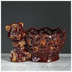 Конфетница "Котик", резка, коричневая 884490 Керамика ручной работы