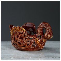 Конфетница "Лебедь", коричневая, резка 884485 Керамика ручной работы