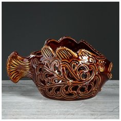Конфетница "Рыба-шар", коричневая, резка 884492 Керамика ручной работы