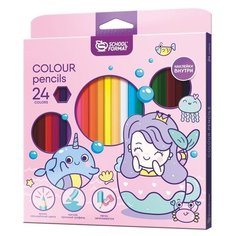 Набор цветных карандашей CUTE MERMAIDS 24 цвета, шестигранные, дерево, с наклейкой SchoolФормат