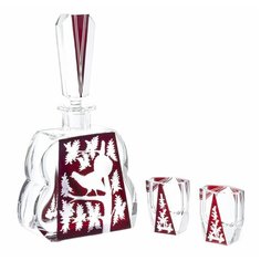 Набор для крепких напитков из штофа и 2 стопок "Охота", стекло, резьба, мануфактура "Egermann", Чехия, 1950-1980 гг.