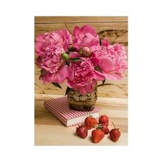 Алмазная мозаика "Розовые пионы и клубника" Рыжий кот