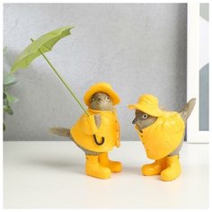 Сувенир полистоун "Воробьи в дождевиках и сапогах, с зонтом" набор 2 шт 10,5х8,5х5,5 см 5185358 Сима ленд