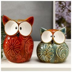 Сувенир керамика "Филины с цветочками на пузе" набор 2 шт 11,5х11х7 16,6х10,3х7 см 5070159 Сима ленд