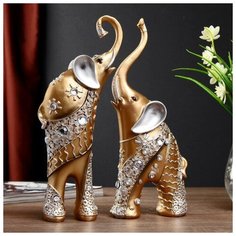 Сувенир полистоун "Золотистые слоны с белыми стразами" набор 2 шт 28,5х21х8,3 см 4432846 Сима ленд