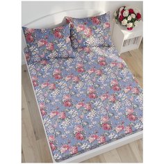 Простыня на резинке Сказка Прохоровская роза, перкаль, 180 х 200 см, фиолетовый/зеленый/розовый