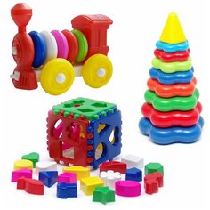 Набор развивающий Игрушка "Кубик логический большой" арт. 40-0010 + Пирамида детская большая арт. 40-0045 + Конструктор-каталка "Паровозик" арт. К-004 Karolina Toys