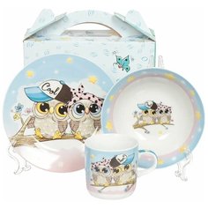 Столовый сервиз Daniks Совы, 1 персона, 3 предм., голубой / розовый / бежевый
